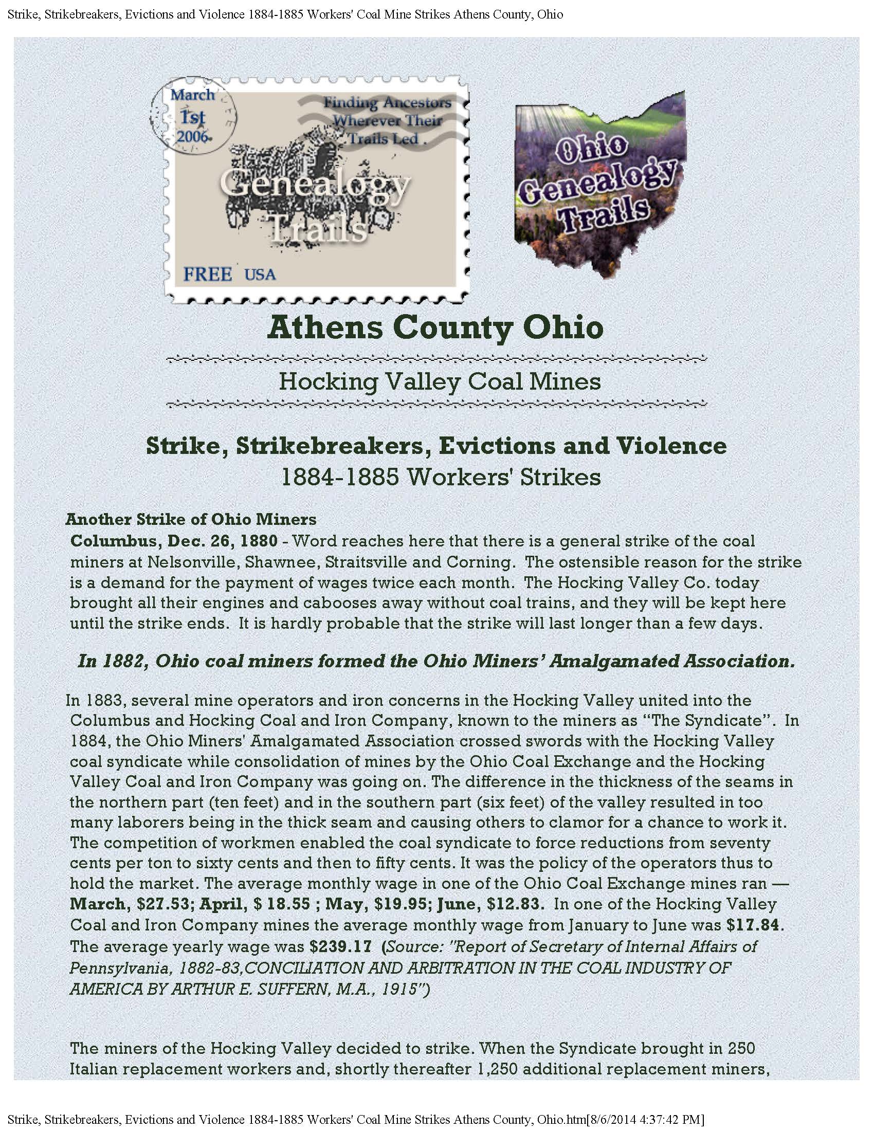 Athens County Ohio<br>
Hocking Valley Coal Mines<br>
Strike, Strikebreakers, Evictions and Violence<br>
1884-1885 Workers' Strikes